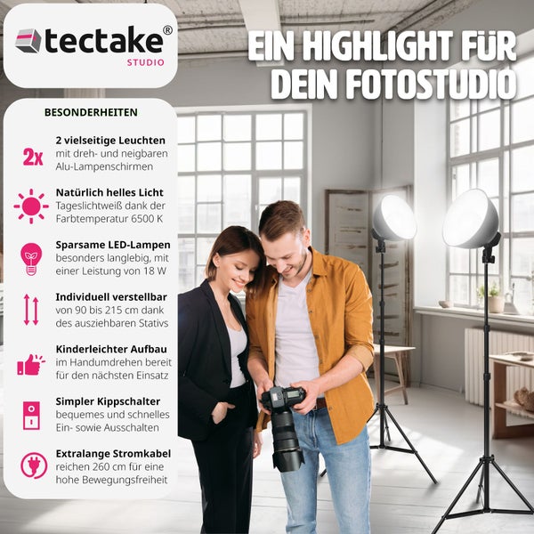 tectake Logo, zwei höhenverstellbare Studioleuchten in hellem Studio mit Kamera sowie Infos zu Farbtemperatur 6500 Kelvin und 260 Zentimeter Kabellänge.