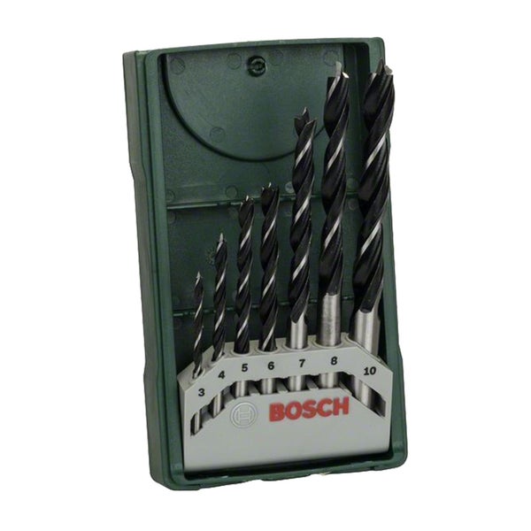 Bosch Holzbohrer-Set, 7-teilig, Größen 3 bis 10 Millimeter, in grüner Kunststoffkassette.