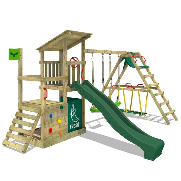 FATMOOSE Spielturm Klettergerüst FruityForest mit Schaukel Surfswing und Rutsche, Kletterturm mit Sandkasten, Leiter und Spiel-Zubehör – grün