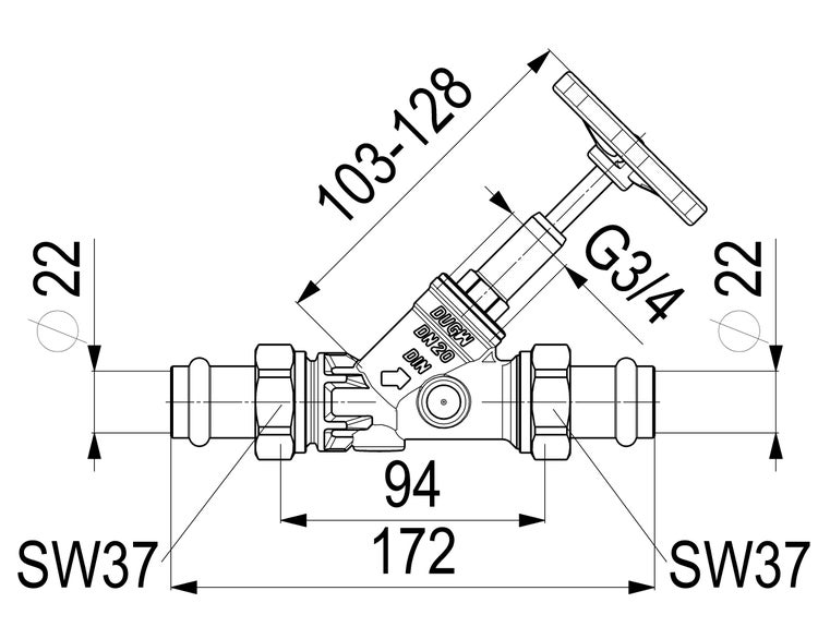 Technische Zeichnung eines Schrägsitzventils mit Maßangaben für Länge und Durchmesser in Millimetern.