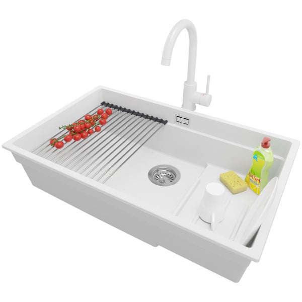 PRIMAGRAN Unterbauspüle Granit Weiß 76x47cm, Spülbecken 1 Becken + Küchenarmatur 32x20cm + Ablauf-Set + Aufrollbare Abtropffläche, Granitspüle ab 80er Unterschrank - Praga
