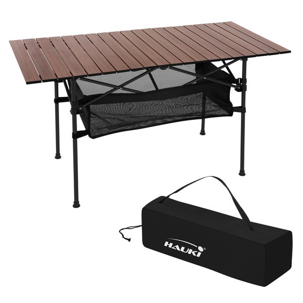 Hauki Campingtisch faltbar Braun, 118 x 55 x 64,5 cm, Aluminium Klapptisch, Aufrollbare Tischplatte, Falttisch klappbar, Gartentisch Balkontisch Reisetisch Rolltisch Markttisch inkl. Tragetasche