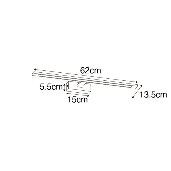 Technische Zeichnung einer 62 Zentimeter langen Leuchte mit den Maßen 5,5 Zentimeter, 13,5 Zentimeter und 15 Zentimeter.