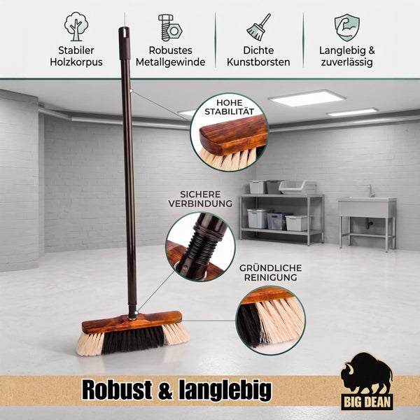 Industriebesen mit stabilem Holzkörper, Metallgewinde und dichten Kunststoffborsten, inklusive Big Dean Logo, Details zu Stabilität und Reinigung.
