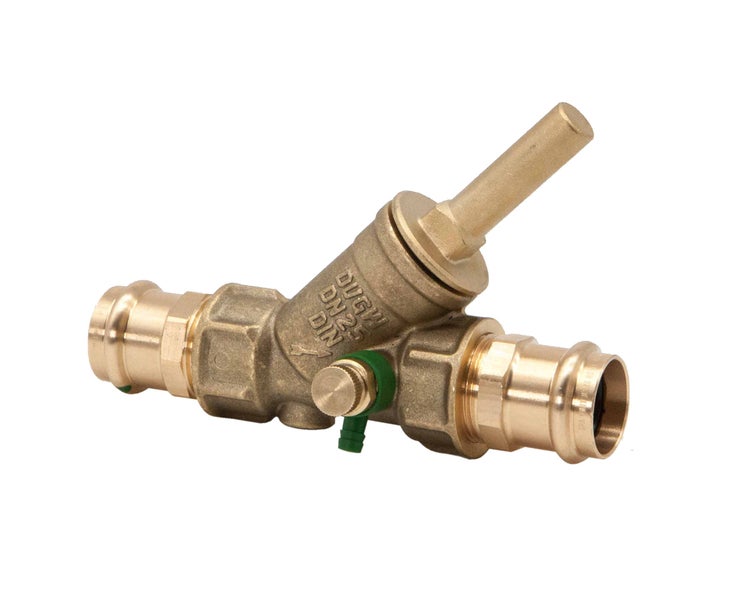 Schrägsitzventil aus Messing mit Pressanschluss, Nennweite 25, für Trinkwasser zertifiziert, mit Entleerungsventil.