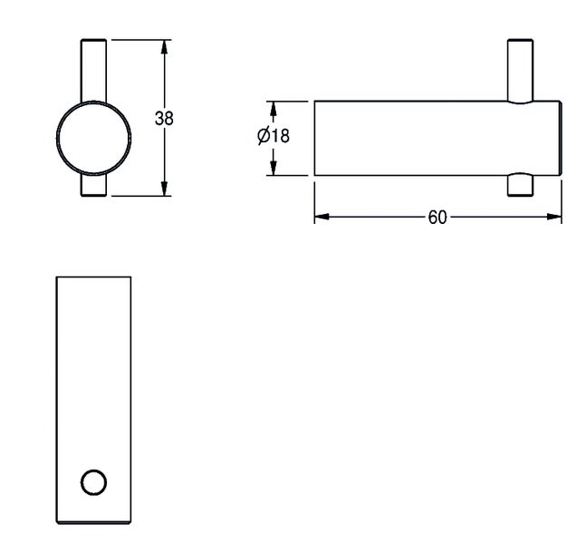 Technische Zeichnung mit Maßen: Durchmesser 18 Millimeter, Länge 60 Millimeter, Höhe 38 Millimeter.