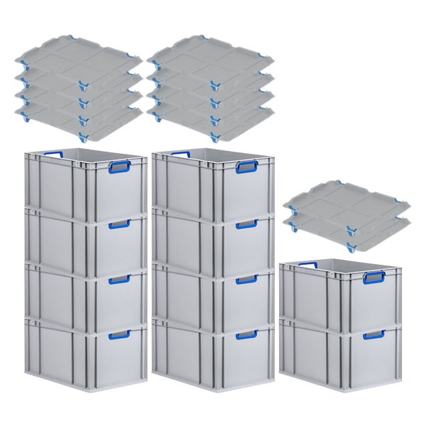 PROREGAL Spar Set 10x Eurobox Nextgen Color Mit Auflagedeckel & Schiebeschnappverschlüsse HxBxT 32 x 40 x 60 cm Griffe Blau Offen Verstärkter Boden