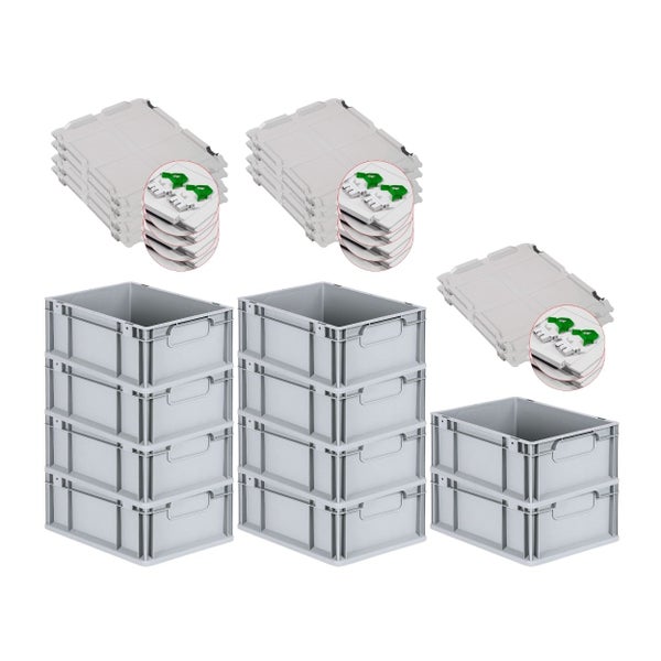 PROREGAL Spar Set 10x Eurobox Nextgen Economy Mit Scharnierdeckel & Grünen Schiebeschnappverschlüssen Griffe Geschlossen HxBxT 17 x 30 x 40 cm