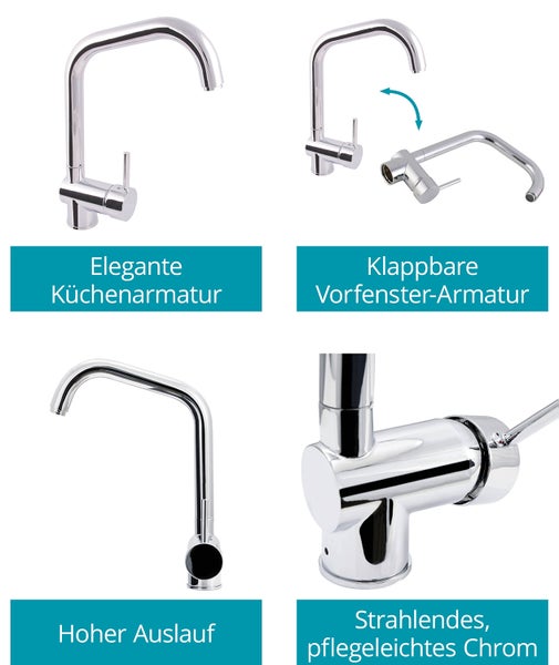 Calmwaters® Klappbare Vorfensterarmatur Honest Extra, Wasserhahn Küche, Spültischarmatur für Unterfenstermontage, drehbar & abnehmbar, Einhebelmischer, Keramikkartusche, Messing, Chrom, 12PZ5070