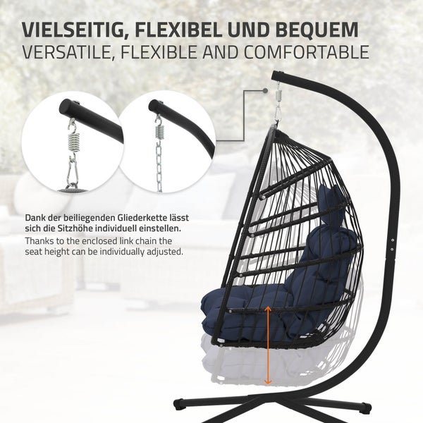 ECD Germany Hängesessel mit Gestell und Kissen + Deckenhalterung, Navyblau, Rattan-Optik, Stahl, höhenverstellbar & faltbar, Indoor/Outdoor, Hängestuhl Hängekorb Hängeschaukel Hängesitz, für Garten