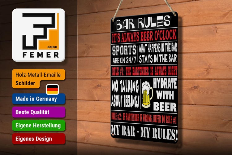 Blechschild Spruch 20x30cm Bar rules Bier my bar my rules