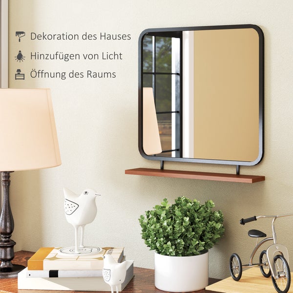 HOMCOM Wandspiegel 55 x 55,5 cm Flurpiegel mit Ablage aus Holz, rechteckiger Spiegel, Dekospiegel für Schlafzimmer, Badezimmer, Schwarz