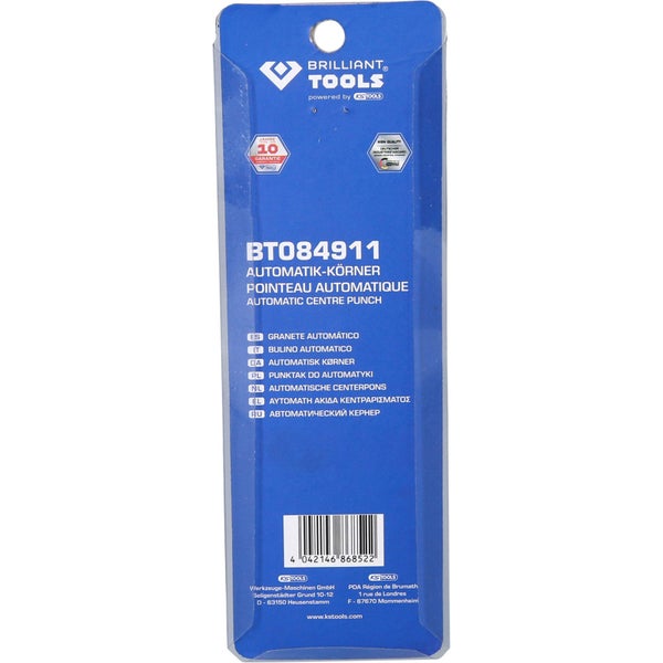 Verpackung eines Automatik-Körners von Brilliant Tools mit zehn Jahren Garantie