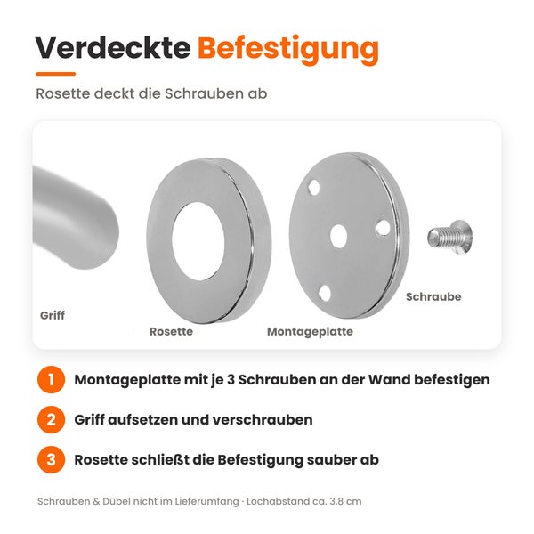Infografik zur verdeckten Befestigung von Türbeschlägen mit Montageplatte, Rosette, Griff und Schraube inklusive Montageanleitung.