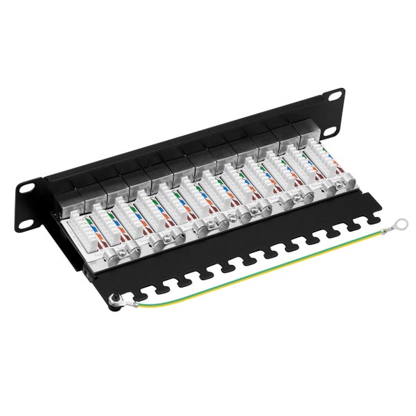 ProfiPatch Cat6a Patchpanel Patchfeld 10 Zoll 12 Port Verteilerfeld geschirmt RJ45 Rackeinbau geschirmt 1HE schwarz