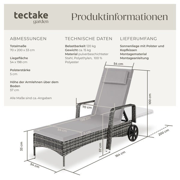 tectake Logo. Garten-Sonnenliege mit Maßen: circa 200 Zentimeter lang, 70 Zentimeter breit, inklusive Polster, Kopfkissen und Rollen.