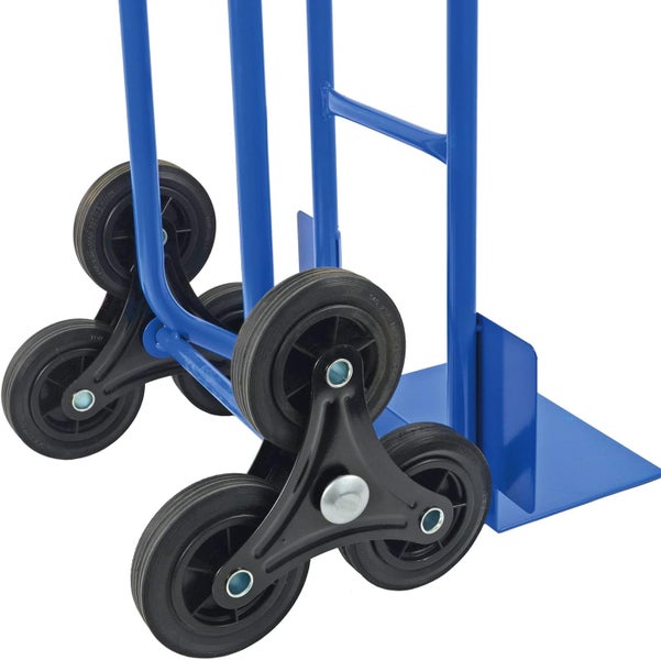 Blaue Sackkarre mit roten Griffen und schwarzen Rädern