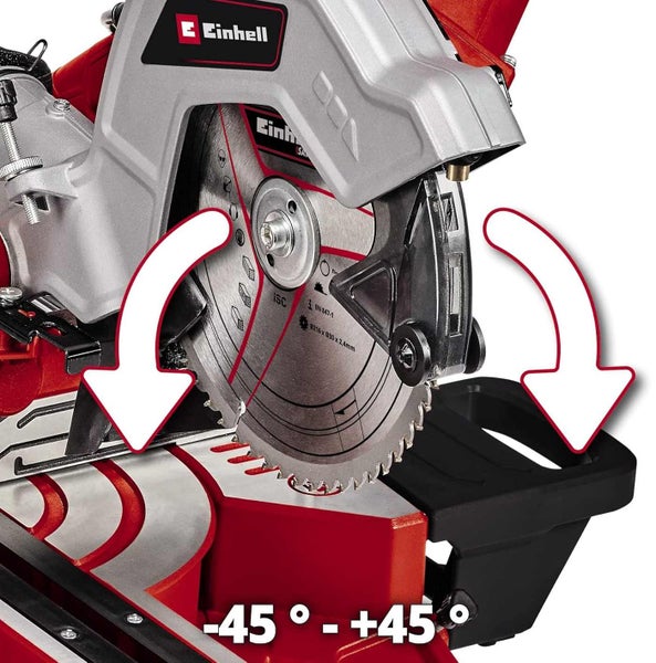 Einhell Kappsäge mit Kreissägeblatt, Neigungsbereich von minus 45 Grad bis plus 45 Grad. Einhell Logo.
