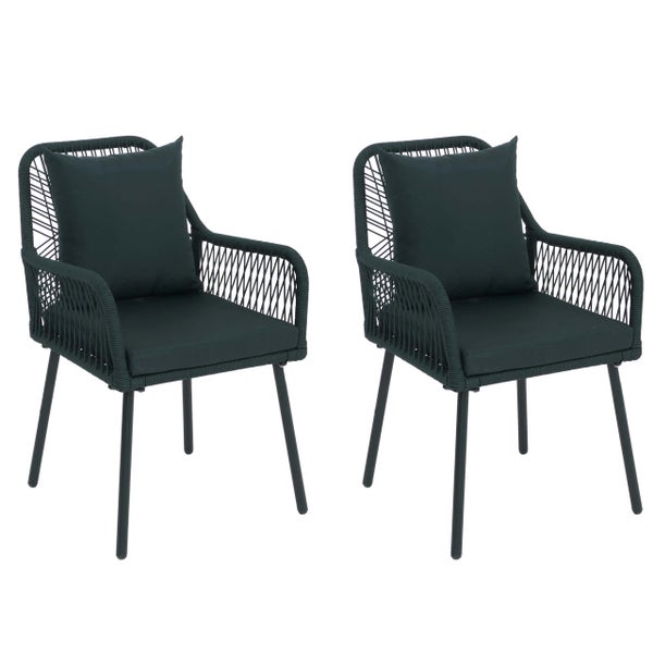 Set aus zwei dunkelgrünen Gartenstühlen mit Armlehnen, Seilgeflecht, Sitzkissen und Rückenkissen.
