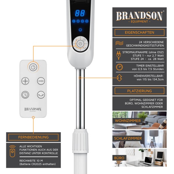 Brandson Standventilator DC Motor mit Fernbedienung + LED Display, Oszillation, Ventilator leise, Höhe verstellbar, energiesparend, Weiß