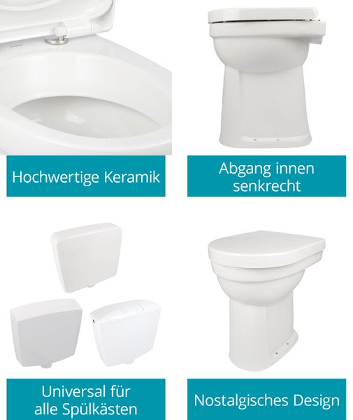 Übersicht verschiedener Keramiktoiletten mit nostalgischem Design und passenden Spülkästen