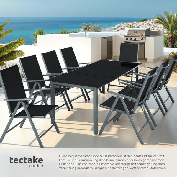Sitzgruppe tectake Pompeii Tisch mit Sicherheitsglasplatten und Ausgleichsschrauben mit Aluminiumgestell, für 8 Personen anthrazit