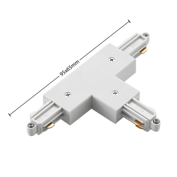 T-Verbinder für Schienensystem aus weißem Kunststoff mit den Maßen 95 mal 65 Millimeter.