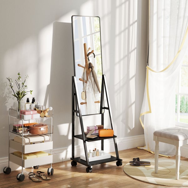 HOMCOM Ganzkörperspiegel, 42 x 155 cm Standspiegel mit Ablage, Stehspiegel mit Rolle, Bodenspiegel für Schlafzimmer, Wohnzimmer, Schwarz