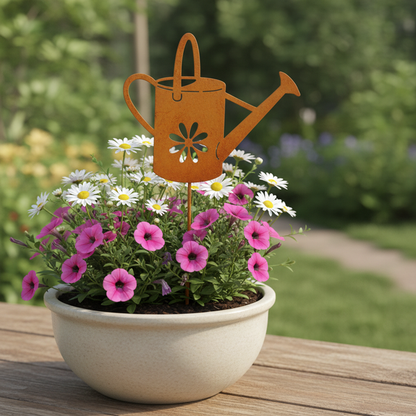 Gartenstecker in Form einer Gießkanne aus Metall mit Rost-Optik, platziert in einem Blumentopf mit Blumen.