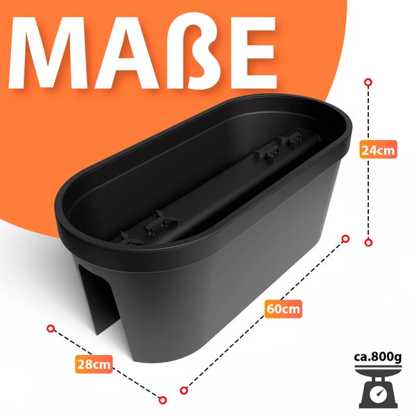 Abbildung eines schwarzen Balkonkastens mit Maßangaben