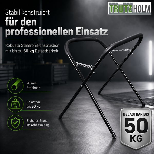 Trutzholm Logo. Klappbarer Montagebock aus 28 mm Stahlrohr, gepolsterte Auflagefläche, belastbar bis 50 kg, für den professionellen Einsatz.