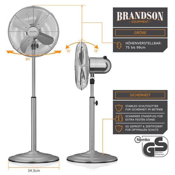 Brandson Standventilator 35W mit Oszillation 80 Grad im Chrom Design, 30 cm Rotor, höhenverstellbarer Standfuß, 3 Geschwindigkeiten, 30 Grad neigbar