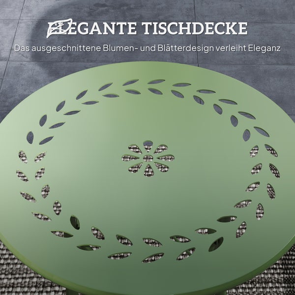 Grüne runde Tischplatte eines Gartentischs mit dekorativem Blumen- und Blättermuster.