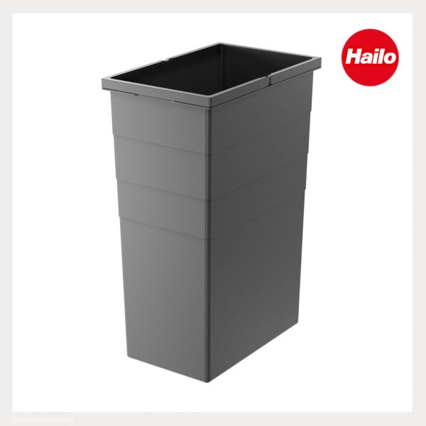 Rechteckiger Abfalleimer aus Kunststoff von Hailo für Mülltrennsysteme und Hailo Logo.