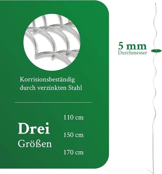 Spiralstab aus verzinktem Stahl, korrosionsbeständig, Durchmesser 5 Millimeter, Längen 110 Zentimeter, 150 Zentimeter und 170 Zentimeter.