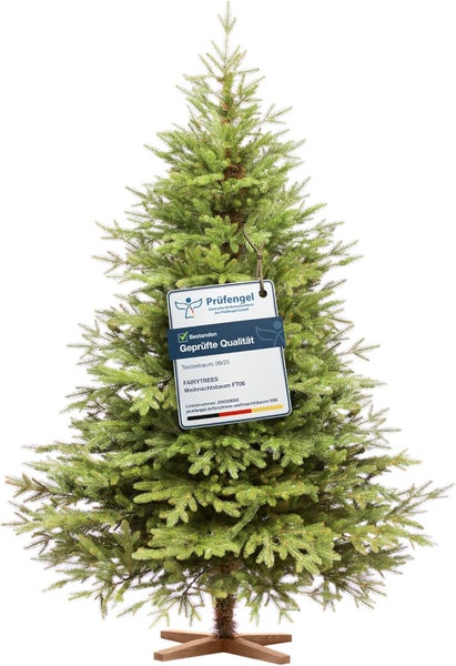 Künstlicher Weihnachtsbaum FairyTrees FT06 mit Prüfsiegel für geprüfte Qualität und Holzständer.