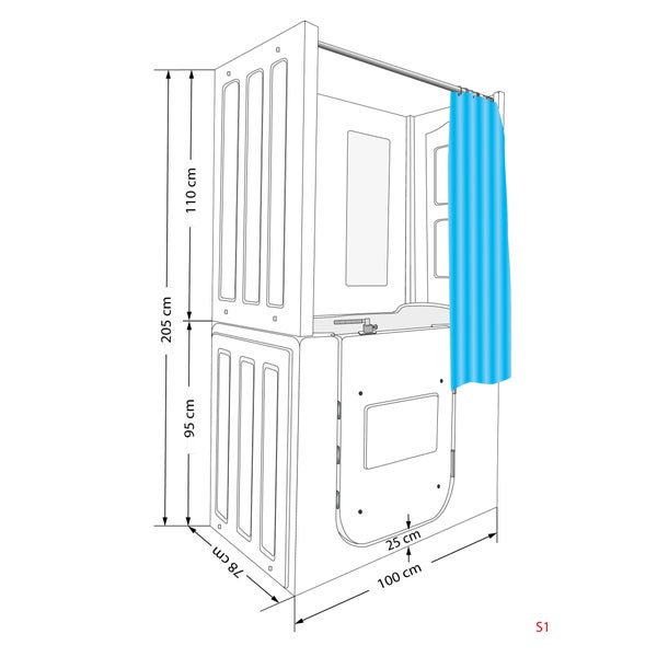 Technische Zeichnung einer mobilen Duschkabine mit Maßangaben: Höhe 205 Zentimeter, Breite 100 Zentimeter und Tiefe 78 Zentimeter.
