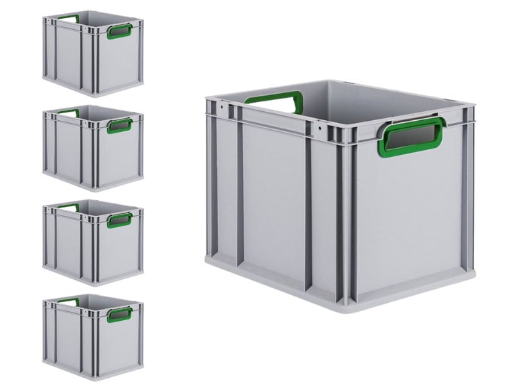 PROREGAL Spar Set 5x Eurobox Nextgen Color HxBxT 32 x 30 x 40 cm 30 Liter Griffe Grün Offen Glatter Boden Eurobehälter Transportbox