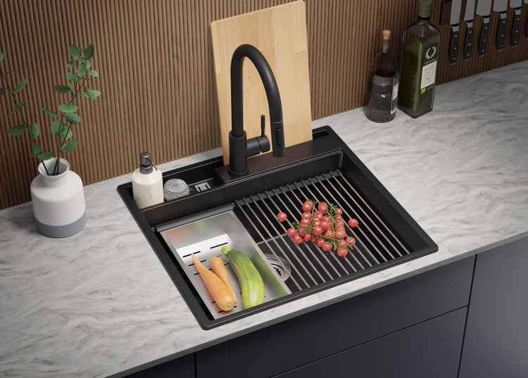 PRIMAGRAN Spülbecken Schwarz Metallic 58x53cm, Granitspüle 1 Becken + Ablauf-Set + Küchenzubehörset, Küchenspüle ab 60er Unterschrank - Oslo Pocket