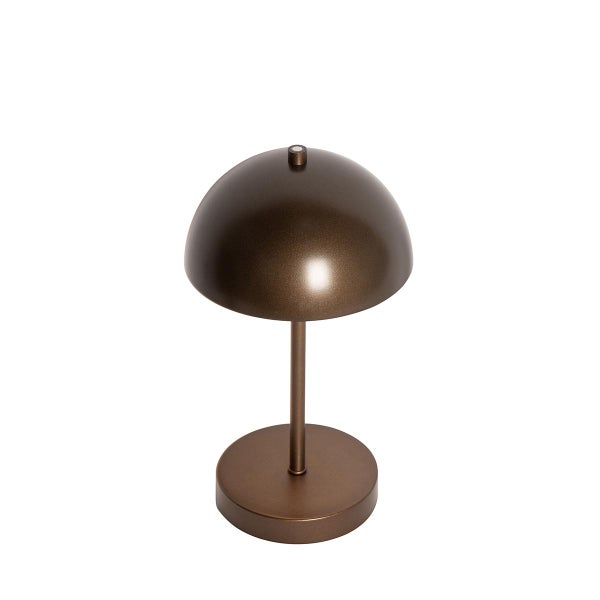 Moderne wiederaufladbare Tischleuchte aus Metall in Bronze mit pilzförmigem Schirm und rundem Standfuß.