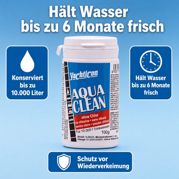 Yachticon Aqua Clean Wasserdesinfektion 100 Gramm für bis zu 10000 Liter Trinkwasser ohne Chlor mit Schutz vor Wiederverkeimung