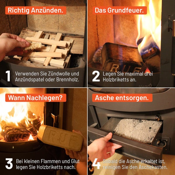 Anleitung zur richtigen Bedienung eines Kaminofens in vier Schritten: Anzünden, Feuer entfachen, Brennholz nachlegen und Asche entsorgen.