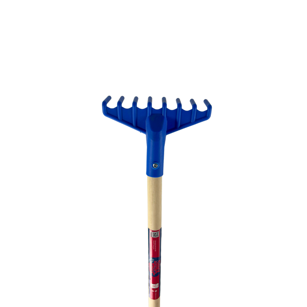 Blauer Kinderrechen mit Holzstiel für den Garten