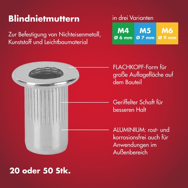 Blindnietmutter aus Aluminium mit Flachkopf und geriffeltem Schaft. Erhältlich in den Größen M4, M5 und M6 in Packungen zu 20 oder 50 Stück.