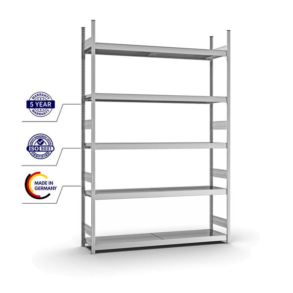 PROREGAL Weitspannregal Stecksystem T-Profil Grundregal HxBxT 300x200x40 cm 5 Ebenen Stahlplatten Fachboden Fachlast 350 kg Verzinkt