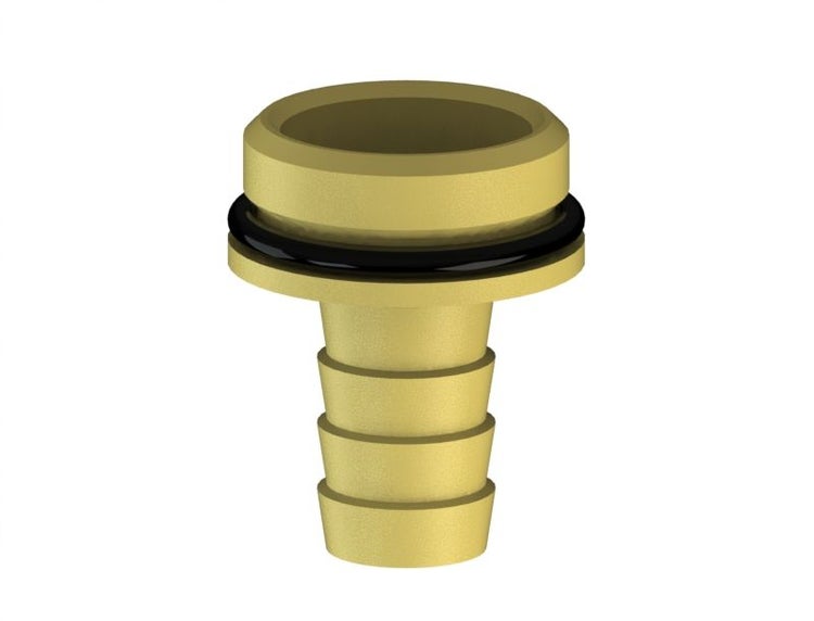 Schlauchtülle aus Messing mit schwarzem Dichtungsring und geripptem Stutzen.