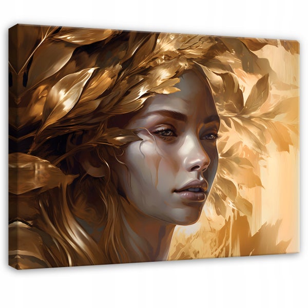 Leinwandbild mit Porträt einer Frau umgeben von goldenen Blättern in künstlerischem Design.