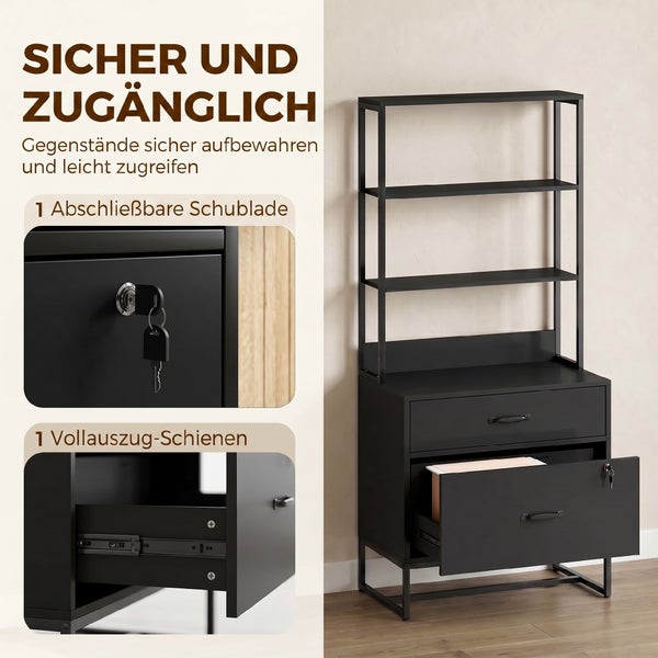 Schwarzes Metallregal mit drei offenen Fächern und zwei Schubladen, eine davon abschließbar mit Vollauszugsschienen, industrielles Design.