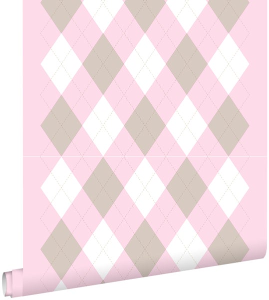 Tapetenrolle mit Argyle-Muster in Rosa, Weiß und Beige