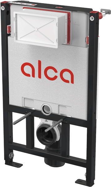 Vorwandelement für WC mit Unterputz-Spülkasten, schwarzem Metallrahmen und Alca Logo.
